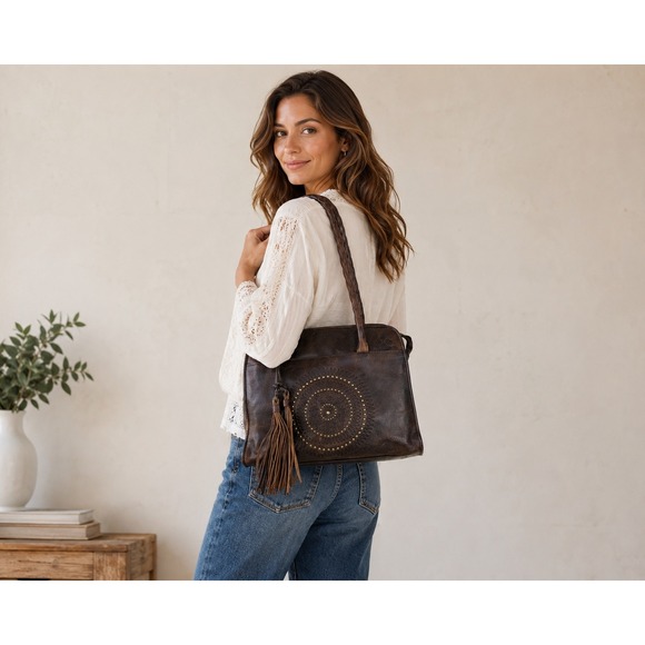 Patricia Nash Handbags - PATRICIA NASH Paris Tooled Leather Tassel Studded Satchel Bag Brown Boho Artisan